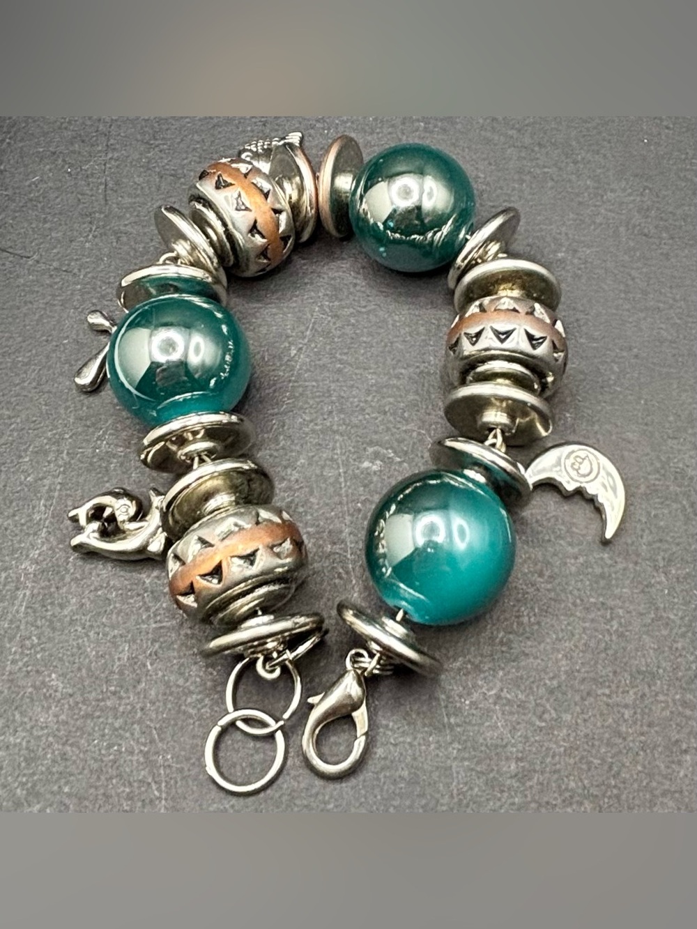 Teal Glass Bead Charm Bracelet with Silver Accents